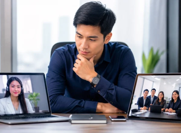 Business owner comparing a Filipino virtual assistant on a laptop video call with an agency team on a tablet screen in a clean modern office.