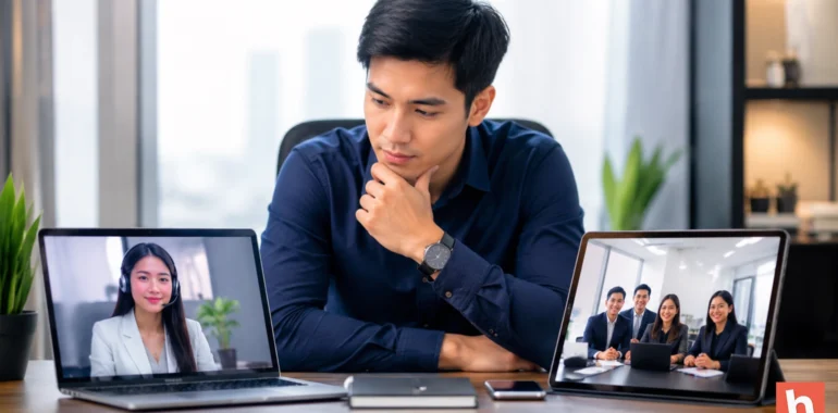 Business owner comparing a Filipino virtual assistant on a laptop video call with an agency team on a tablet screen in a clean modern office.