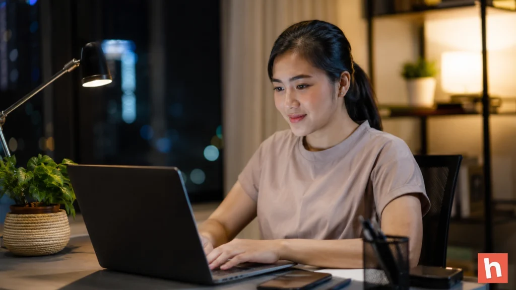 Filipino virtual assistant working at night on a laptop in a clean home office with warm lighting, a desk lamp, a small plant, and a blurred city background.