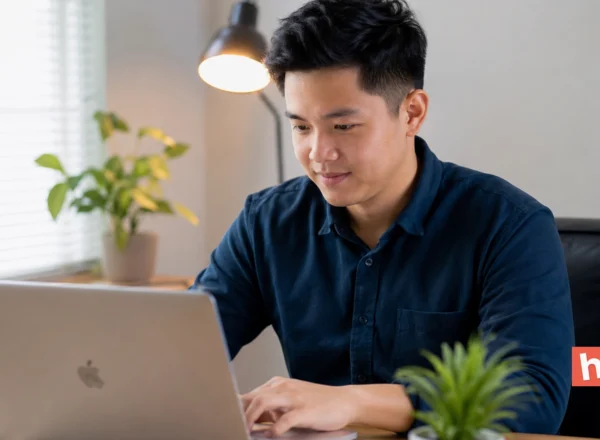 Filipino virtual assistant working on a MacBook in a clean home office with bright lighting, a small plant, and a softly blurred background.