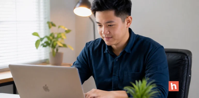 Filipino virtual assistant working on a MacBook in a clean home office with bright lighting, a small plant, and a softly blurred background.