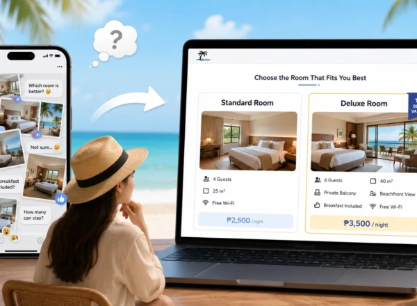 Can Guests Tell the Difference Between Your Resort's Rooms? illustration showing a traveler confused by room photos on a phone beside a resort website clearly comparing Standard and Deluxe rooms by price, capacity, size, amenities, and beachfront view.