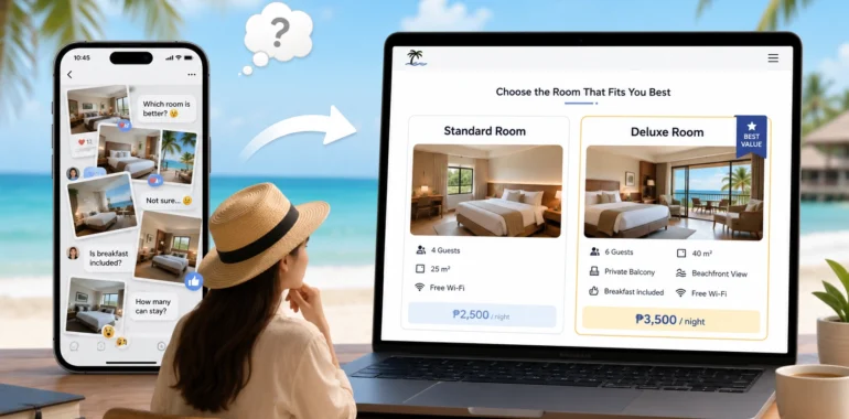 Can Guests Tell the Difference Between Your Resort's Rooms? illustration showing a traveler confused by room photos on a phone beside a resort website clearly comparing Standard and Deluxe rooms by price, capacity, size, amenities, and beachfront view.