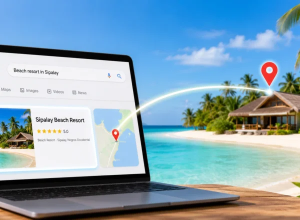 Can People Find Your Beach Resort When They Search Google? illustration showing a laptop with Google search results for a beach resort in Sipalay, including a resort listing, star rating, map location, and a connection to the beachfront property.