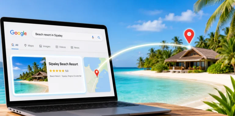 Can People Find Your Beach Resort When They Search Google? illustration showing a laptop with Google search results for a beach resort in Sipalay, including a resort listing, star rating, map location, and a connection to the beachfront property.