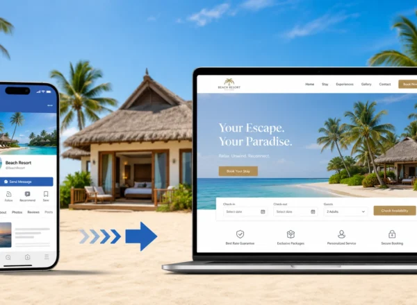 Do I Still Need a Beach Resort Website If I Already Have Facebook? illustration showing a beach resort Facebook page on a smartphone beside a dedicated resort website with booking options on a laptop, connected by an arrow.
