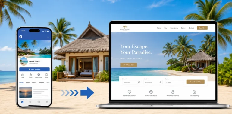 Do I Still Need a Beach Resort Website If I Already Have Facebook? illustration showing a beach resort Facebook page on a smartphone beside a dedicated resort website with booking options on a laptop, connected by an arrow.