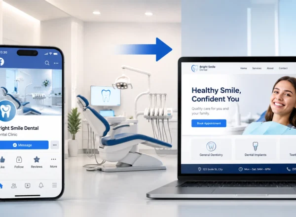 Does a Dental Clinic Need a Website If It Already Has Facebook? illustration showing a dental clinic Facebook page on a smartphone beside a professional dental website on a laptop with services, contact details, clinic hours, and an appointment booking button.