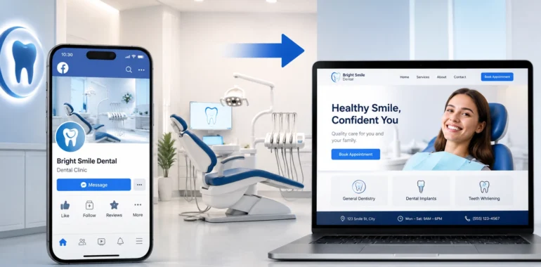 Does a Dental Clinic Need a Website If It Already Has Facebook? illustration showing a dental clinic Facebook page on a smartphone beside a professional dental website on a laptop with services, contact details, clinic hours, and an appointment booking button.