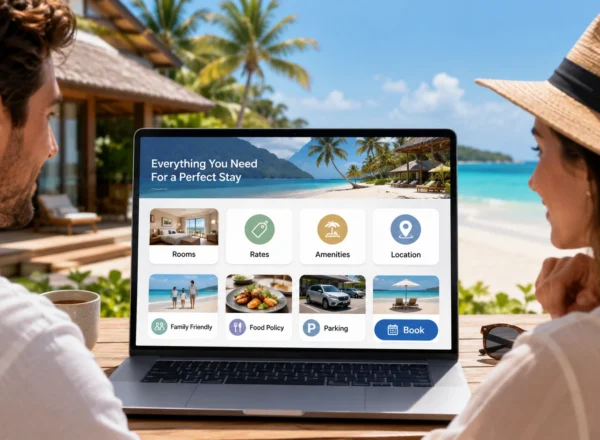 Does Your Resort Have What Your Guests Actually Need? illustration showing a couple viewing a beach resort website on a laptop with clear sections for rooms, rates, amenities, location, family-friendliness, food policy, parking, and booking.