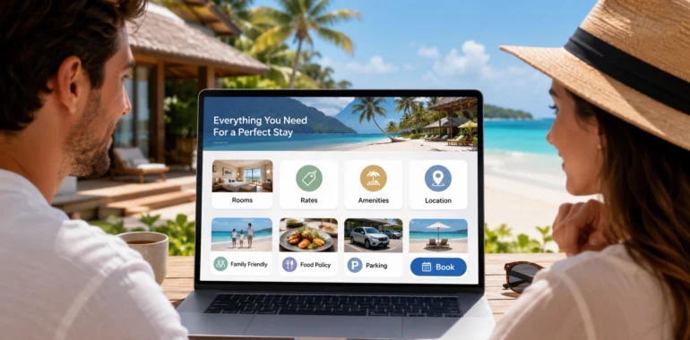 Does Your Resort Have What Your Guests Actually Need? illustration showing a couple viewing a beach resort website on a laptop with clear sections for rooms, rates, amenities, location, family-friendliness, food policy, parking, and booking.