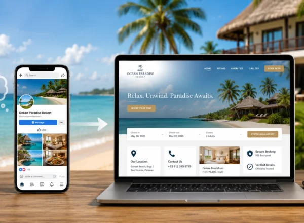 How Do Guests Know Your Beach Resort Is Legitimate? illustration showing a beach resort Facebook page on a smartphone beside a professional resort website displaying verified contact details, location information, room rates, secure booking, and availability options.