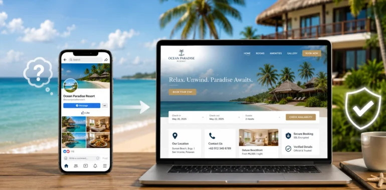 How Do Guests Know Your Beach Resort Is Legitimate? illustration showing a beach resort Facebook page on a smartphone beside a professional resort website displaying verified contact details, location information, room rates, secure booking, and availability options.