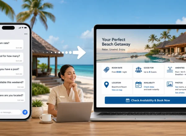 How Many Times a Day Does Your Resort Answer the Same Questions? illustration showing repeated guest inquiries about room rates, capacity, amenities, availability, and location on a smartphone beside a resort website displaying the answers and a direct booking option.