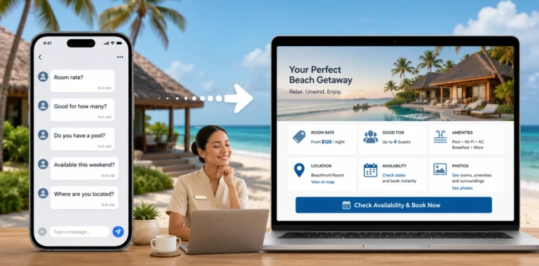 How Many Times a Day Does Your Resort Answer the Same Questions? illustration showing repeated guest inquiries about room rates, capacity, amenities, availability, and location on a smartphone beside a resort website displaying the answers and a direct booking option.