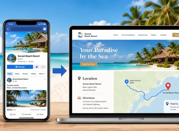 Why Guests Keep Asking Where Your Beach Resort Is Located illustration showing a beach resort social media page on a smartphone beside a resort website on a laptop with a location section, map, and directions, highlighting how guests need clearer location details online.