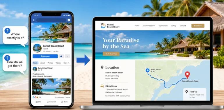 Why Guests Keep Asking Where Your Beach Resort Is Located illustration showing a beach resort social media page on a smartphone beside a resort website on a laptop with a location section, map, and directions, highlighting how guests need clearer location details online.