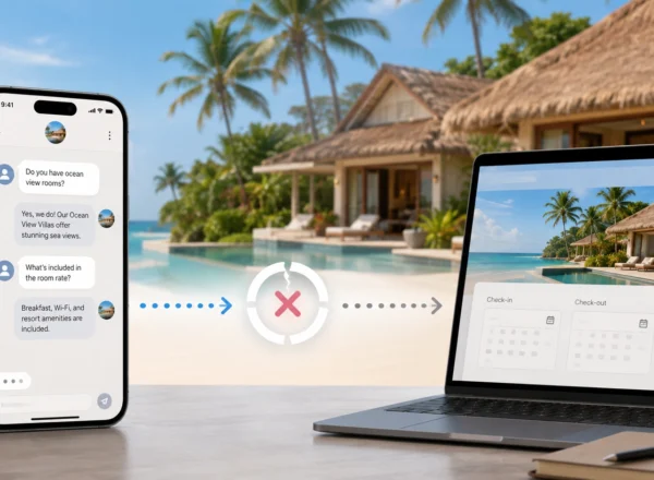 Why People Inquire About Your Beach Resort but Never Book illustration showing a guest asking about rooms and amenities through mobile chat while a beach resort booking website remains disconnected, symbolizing lost reservations between inquiry and booking.
