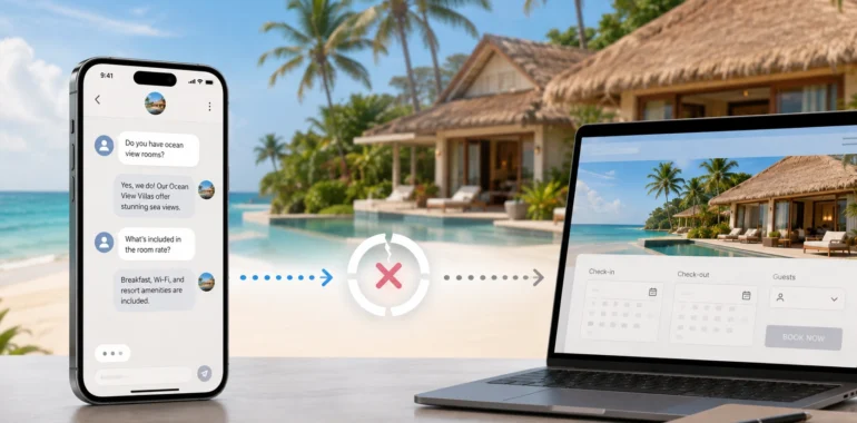 Why People Inquire About Your Beach Resort but Never Book illustration showing a guest asking about rooms and amenities through mobile chat while a beach resort booking website remains disconnected, symbolizing lost reservations between inquiry and booking.