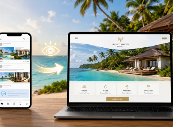 Your Resort Is Beautiful. Can People See That Online? illustration showing a beach resort’s social media feed on a smartphone beside a professional resort website on a laptop, highlighting how a website presents rooms, rates, amenities, location, and booking details more clearly online.