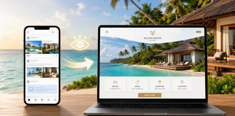 Your Resort Is Beautiful. Can People See That Online? illustration showing a beach resort’s social media feed on a smartphone beside a professional resort website on a laptop, highlighting how a website presents rooms, rates, amenities, location, and booking details more clearly online.